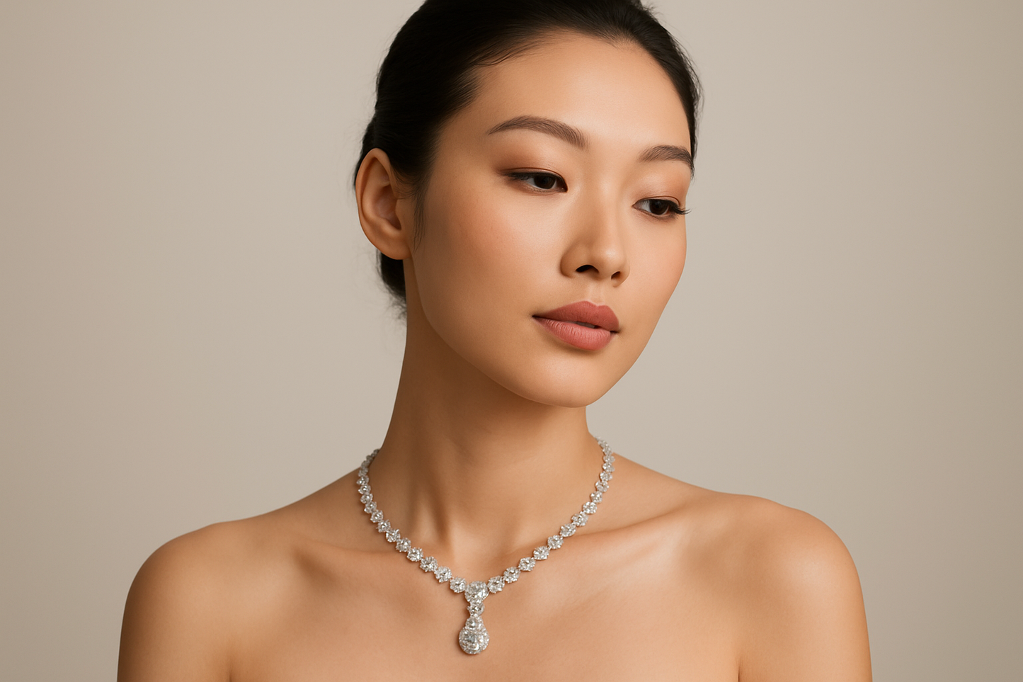generate a image of asian beautiful model wearing the necklace from the uploaded images